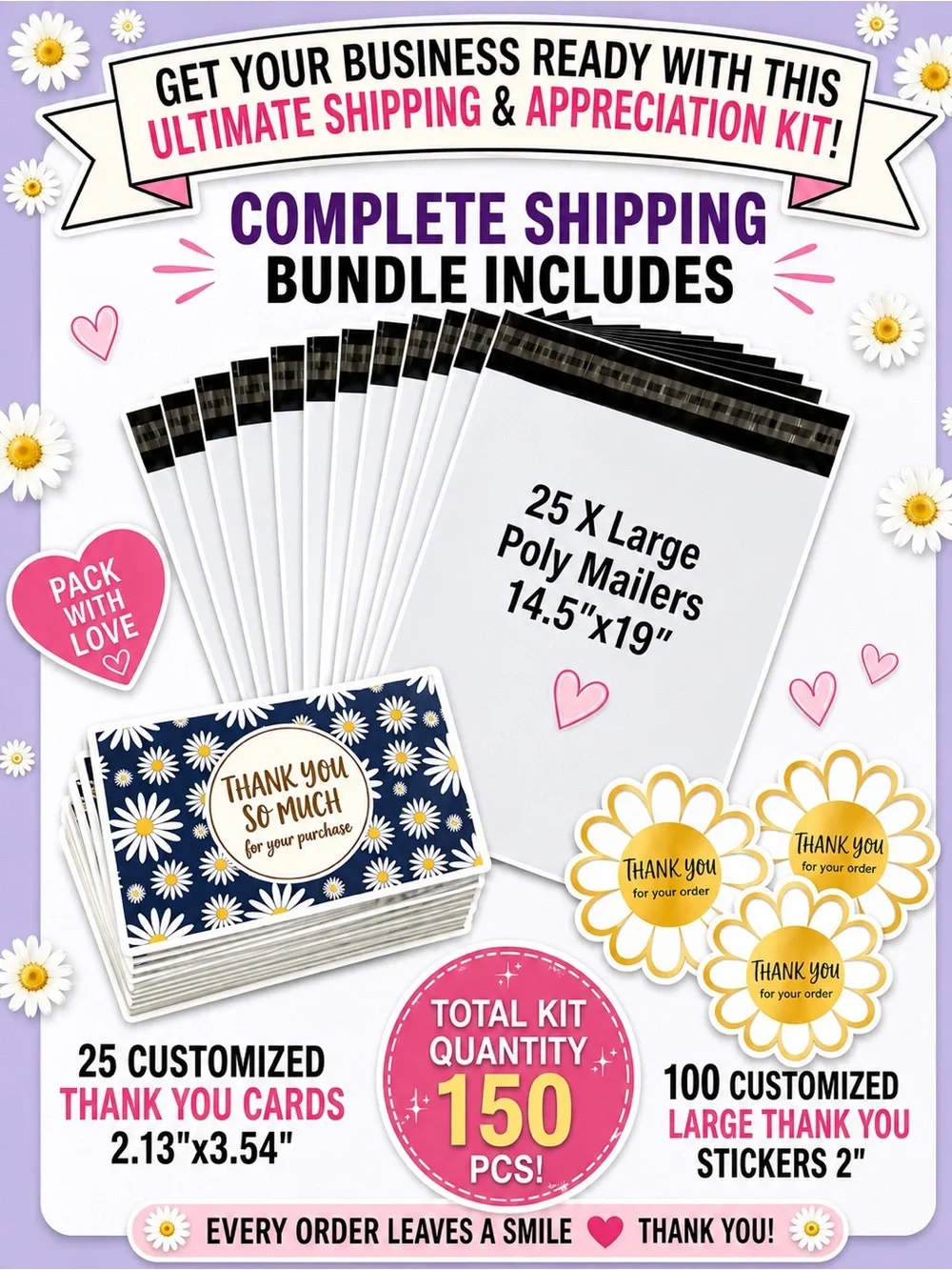 175PC Bundle. 25 XL Poly Mailers, 25 Cellophane Bags, 25 Cards & 100 Stickers - Picture 8 of 8